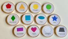 Load image into Gallery viewer, Wooden Shapes Coins + Magnets for Learning Shapes - Preschool + Homeschool Math - Set of 12 Wooden 2&quot; Coins-Montessori, Optional Memory Game
