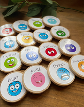 Load image into Gallery viewer, Wooden Emotions and Feelings Coins + Magnets for Learning-Elementary+Homeschool- Set of 16 Birch 2&quot; Coins - Montessori, Optional Memory Game
