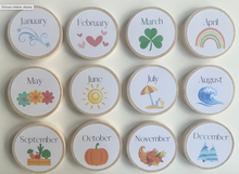 Load image into Gallery viewer, Months of the Year Wooden Learning Tiles and Magnets - Set of 12 - Preschool Education - Montessori, Charlotte Mason, Option for Memory Game
