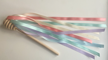Load image into Gallery viewer, Pastel Rainbow Ribbon Honey Wands - Colorful Wooden Ribbon Wand - Rhythm and Music Play for Little Ones - Sets of One or Two Available
