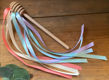 Load image into Gallery viewer, Pastel Rainbow Ribbon Honey Wands - Colorful Wooden Ribbon Wand - Rhythm and Music Play for Little Ones - Sets of One or Two Available
