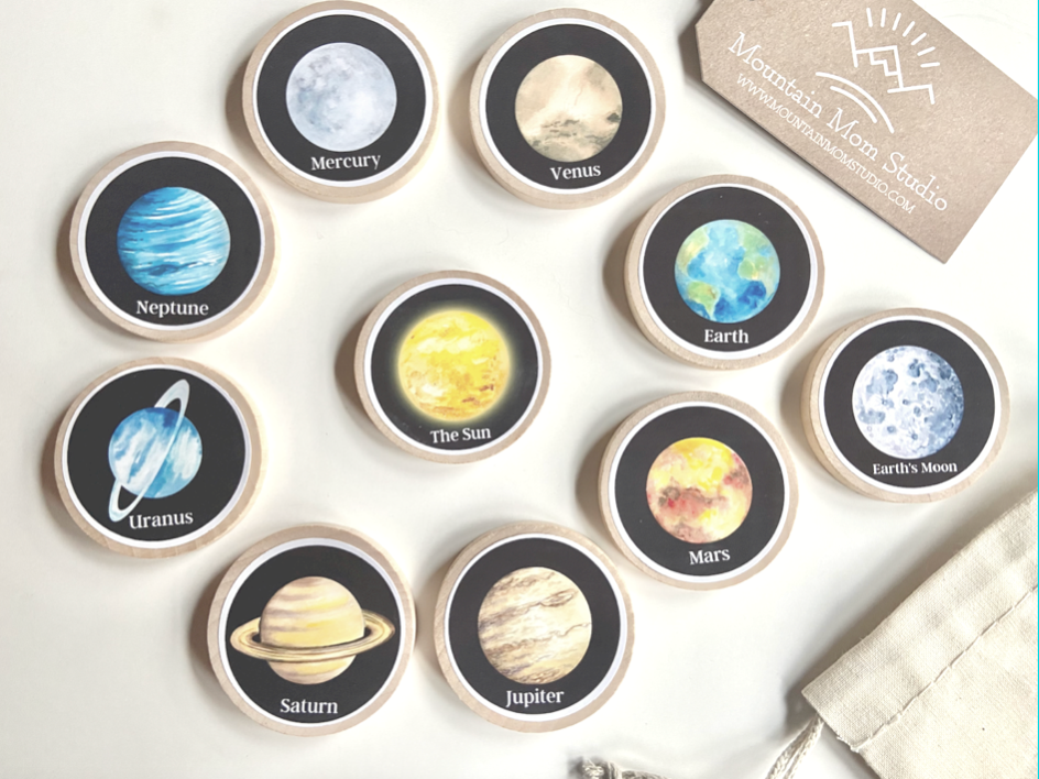 Wooden Solar System Tokens/Coins + Magnets for Learning Science-Elementary + Homeschool- Sets of 4 Birch 2