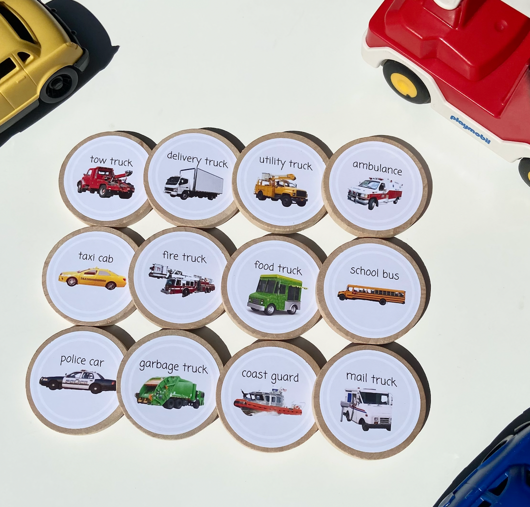 Community Helpers Vehicles Learning Tokens + Magnets - Set of 12 - Toddler Education, Kindergarten Education - Montessori, Opt. Memory Game