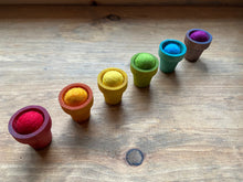 Load image into Gallery viewer, Naturally Dyed Rainbow Wooden Flower Pots with New Zealand Wool Balls - Fine-Motor/Color-Matching
