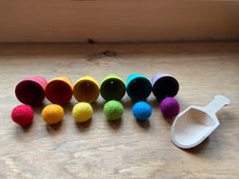 Load image into Gallery viewer, Naturally Dyed Rainbow Wooden Flower Pots with New Zealand Wool Balls - Fine-Motor/Color-Matching
