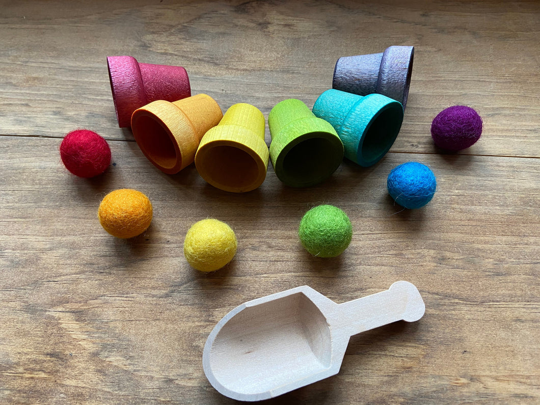 Naturally Dyed Rainbow Wooden Flower Pots with New Zealand Wool Balls - Fine-Motor/Color-Matching