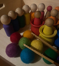 Load image into Gallery viewer, MEGA Hand Painted Rainbow Loose Parts Set - Wooden Hand Painted Pieces, New Zealand Wool Balls, Bamboo Tongs - Montessori+Waldorf Inspired
