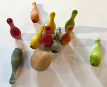 Load image into Gallery viewer, Mini Wooden Bowling Set - 6 or 10 Pins - Made from Birch - Sealed with Organic Beeswax and Jojoba Oil - Optional Naturally Dyed
