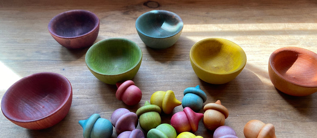 Naturally-Dyed Rainbow Wooden Bowls - Stacking and Sorting - Set of 6 BOWLS ONLY