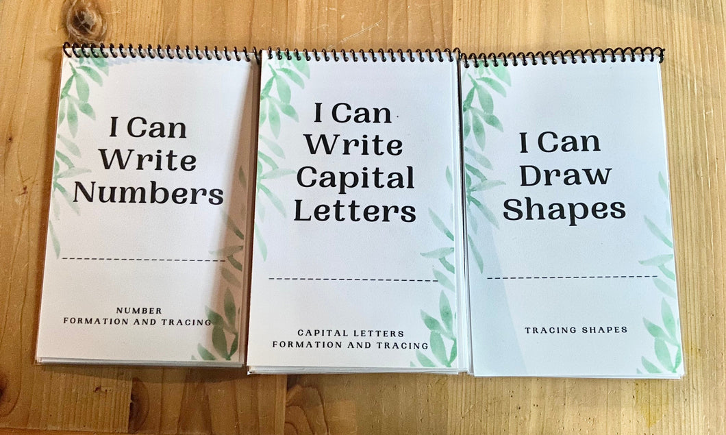 Learn to Write - Capital Letters, Numbers, Shapes - Set of 3 Books - Tracing and Formation - Reusable, wipeable, marker included!