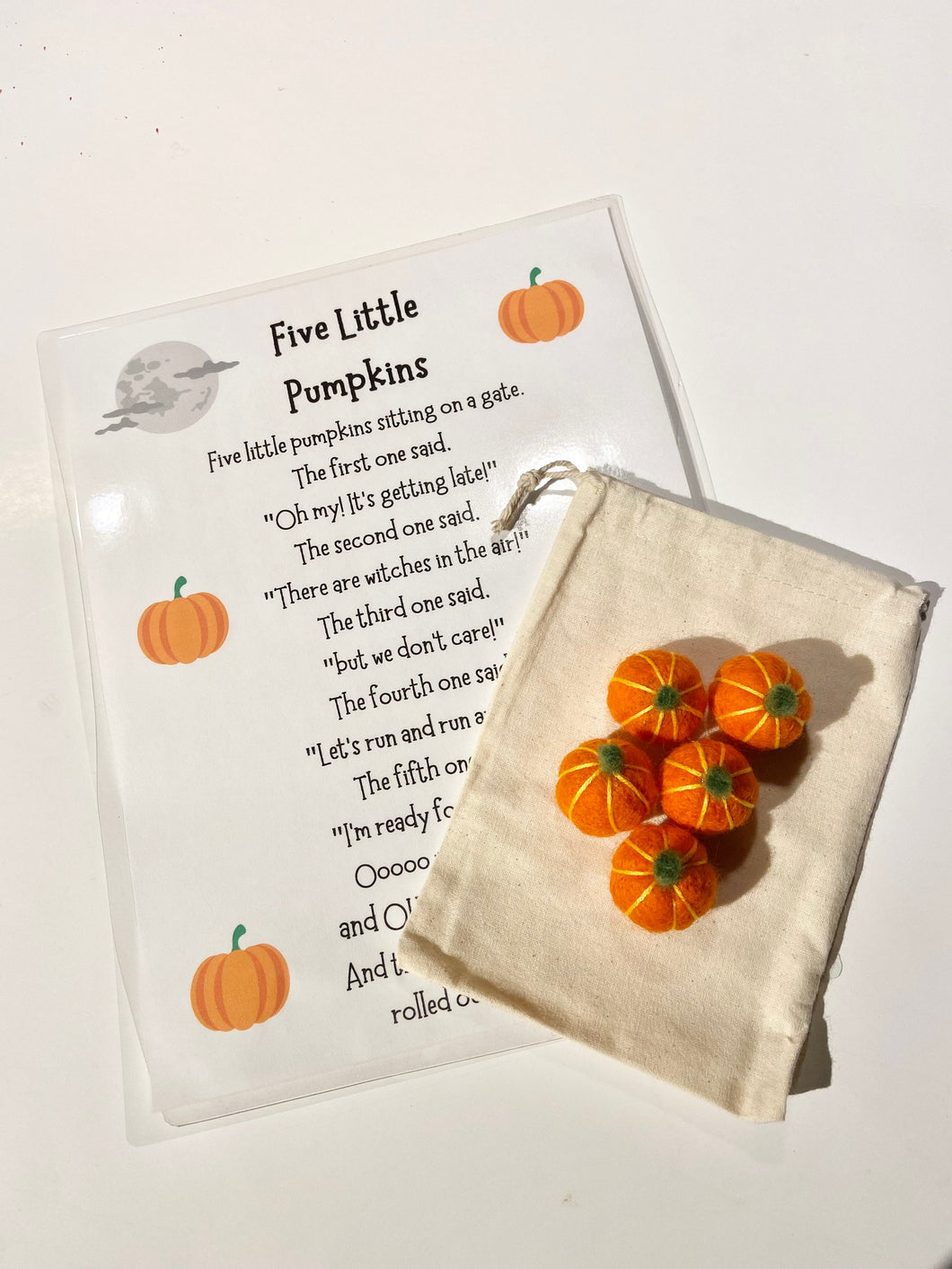 Five Little Pumpkins Poem with Felted Pumpkins for Reading Practice and Retelling