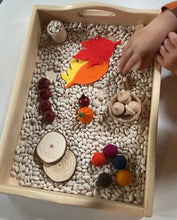 Load image into Gallery viewer, Fall Themed Sensory Tray, Montessori Inspired, Wooden, Wool, and Felt Sensory Materials, Tray and Beans Included!
