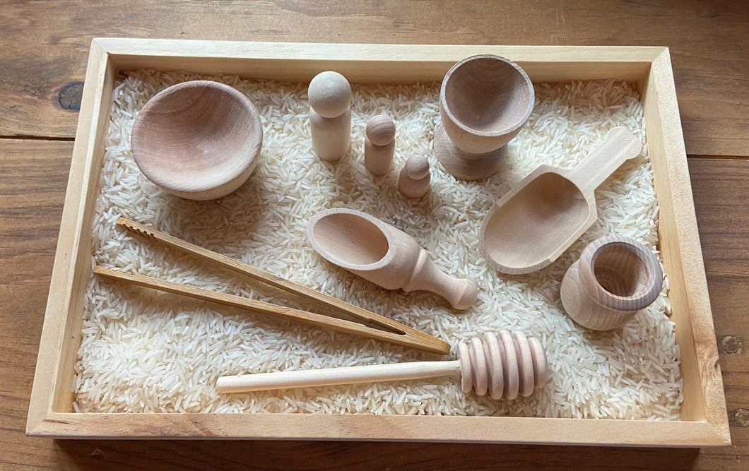 Wooden Sensory Bin Tools, Montessori, 10-Piece Set, Tongs, Scoops, Bowl, Peg People, Cup, For Sensory Play Fun