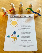 Load image into Gallery viewer, Five Little Snowmen Poetry Set - Set of 5 Wooden Snowmen and Wipeable Surface Poem

