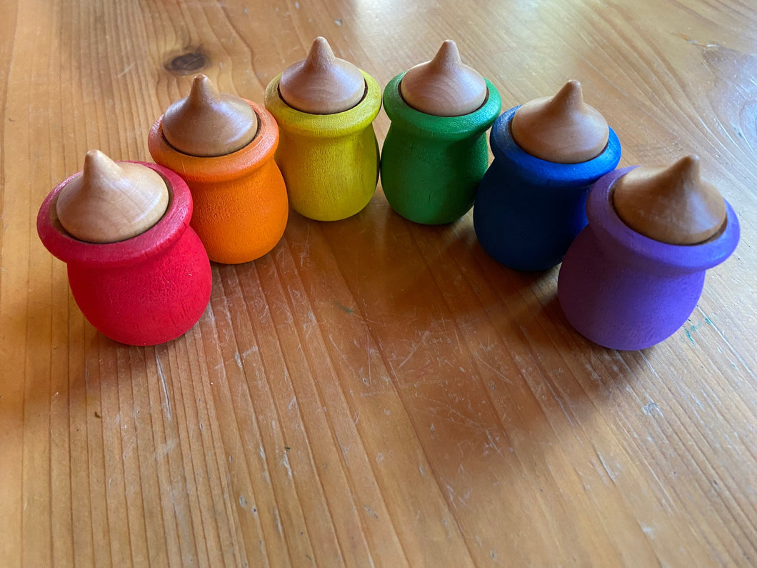 Hand Painted Rainbow Wooden Acorns and Pots - Sorting and Color Recognition - Montessori - Set of 6 Acorns and 6 Pots