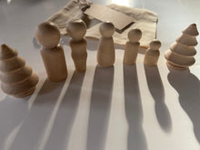 Load image into Gallery viewer, Mini Sensory Wooden Peg People and Trees Set - Add on for Sensory Tray - Set of Five Wooden Peg People in Five Sizes and Two Wooden Trees
