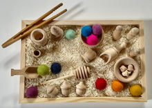 Load image into Gallery viewer, Ultimate 30 Piece Rainbow Sensory Set - Wooden Sensory Tray w/ Wool Balls - Waldorf - Tongs, Bowls, Acorns, People, Scoops, Honey Wand
