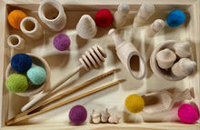 Load image into Gallery viewer, Ultimate 30 Piece Rainbow Sensory Set - Wooden Sensory Tray w/ Wool Balls - Waldorf - Tongs, Bowls, Acorns, People, Scoops, Honey Wand
