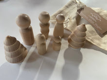 Load image into Gallery viewer, Mini Sensory Wooden Peg People and Trees Set - Add on for Sensory Tray - Set of Five Wooden Peg People in Five Sizes and Two Wooden Trees
