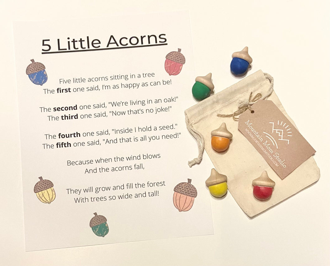 Poetry Set - 5 Little Acorns - Dry Erase-Friendly Poem with Five Hand Painted Rainbow Acorns - Retelling and Fluency Practice